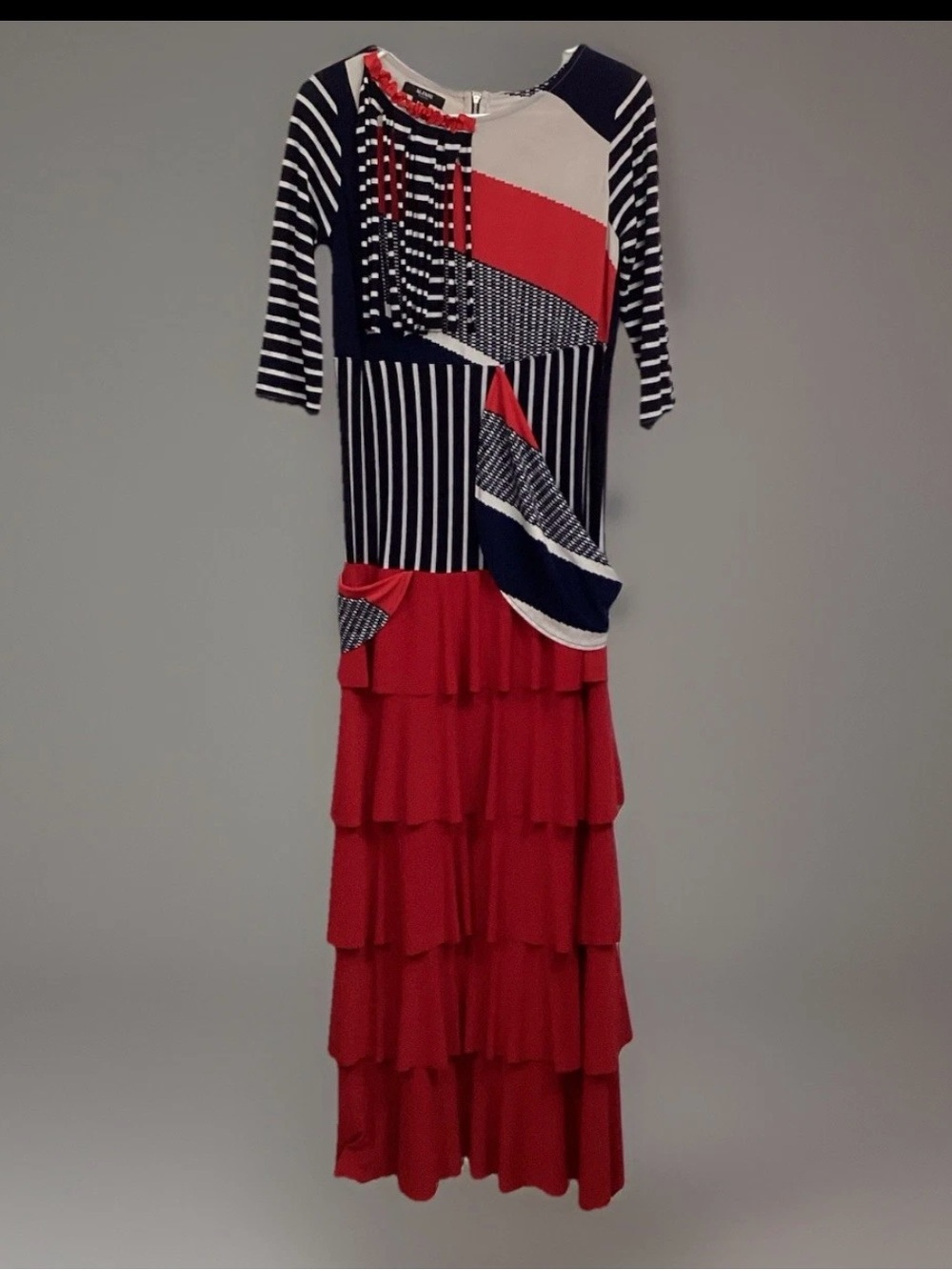 Alfani Navy, Red & White Geo-Block Tiered Maxi Hand-Pieced Dress with Stripes